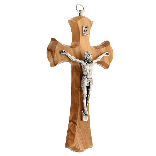 Bell-mouthed olivewood crucifix with metallic body of Christ 15 cm 2