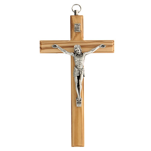 Olivewood crucifix, 16 cm, metallic body of Christ 1