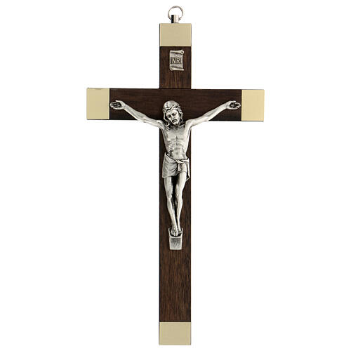 Walnut wood crucifix, 20 cm, metallic body of Christ 1