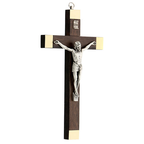 Walnut wood crucifix, 20 cm, metallic body of Christ 3