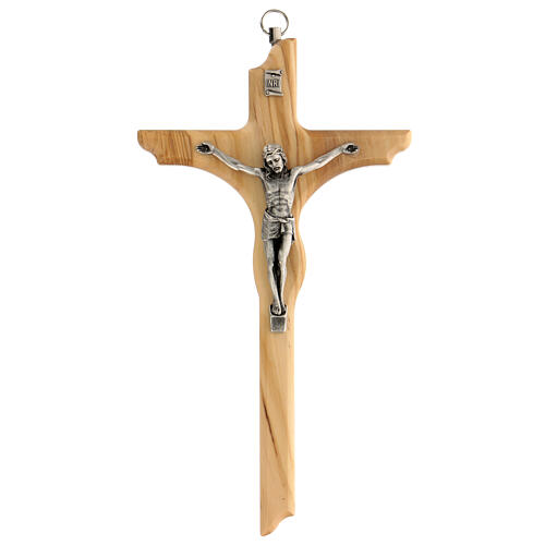 Crucifix irrégulier bois olivier 20 cm corps métal 1