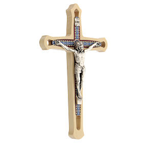 Cut-out wood crucifix with decorated inserts and metallic body of Christ 20 cm