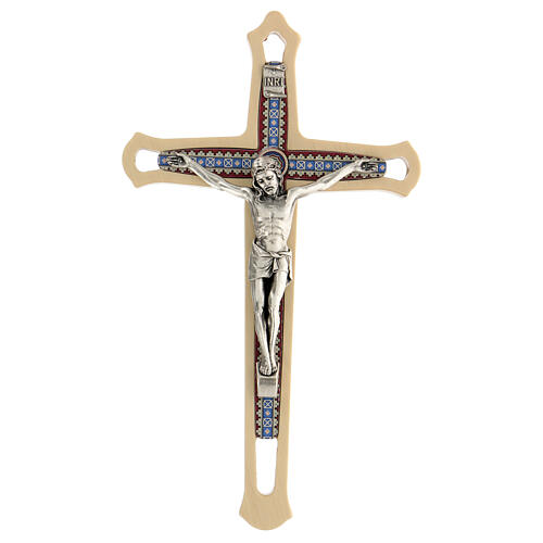 Cut-out wood crucifix with decorated inserts and metallic body of Christ 20 cm 1