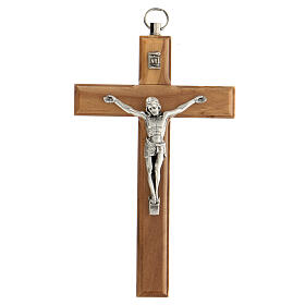 Olivewood crucifix, 12 cm, metallic body of Christ