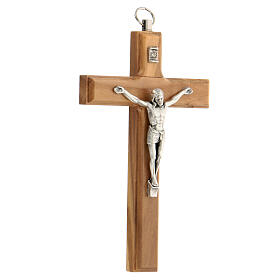 Olivewood crucifix, 12 cm, metallic body of Christ