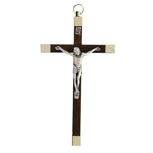 Walnut wood crucifix, 14 cm, metallic body of Christ 1