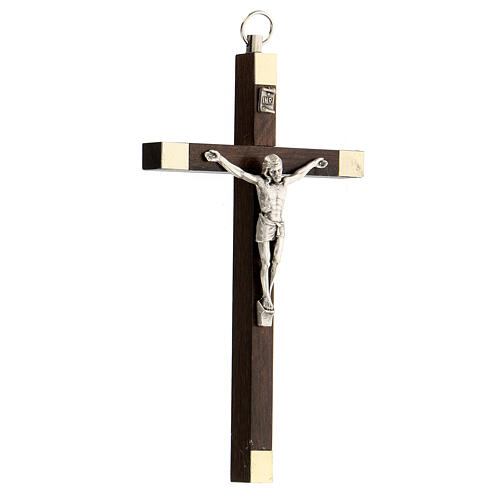 Walnut wood crucifix, 14 cm, metallic body of Christ 2