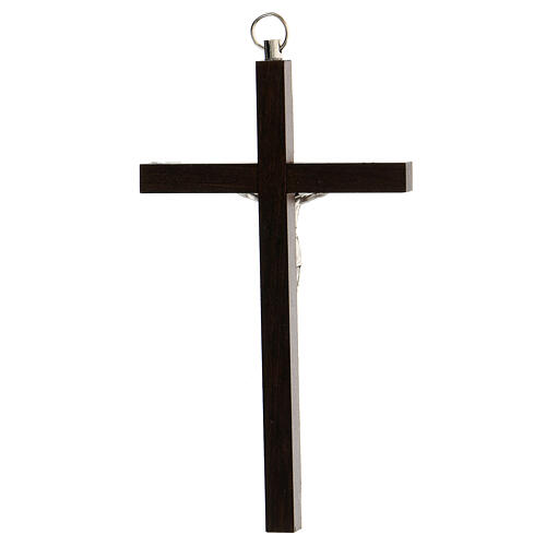 Walnut wood crucifix, 14 cm, metallic body of Christ 3