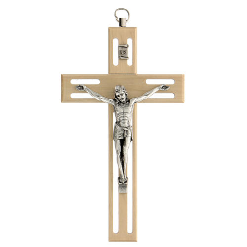 Krucyfiks drewniany perforowany, Ciało Chrystusa metalowe, 15 cm 1