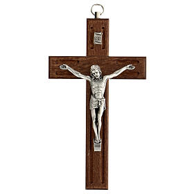 Wood crucifix, metallic body of Christ, 15 cm