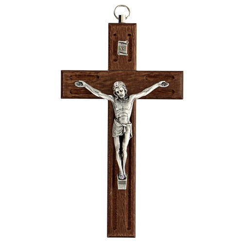 Wood crucifix, metallic body of Christ, 15 cm 1