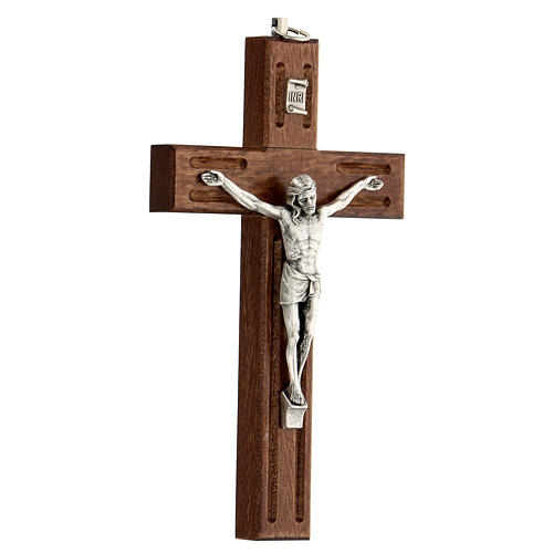 Wood crucifix, metallic body of Christ, 15 cm 2
