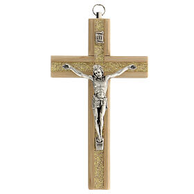 Wood crucifix with plexiglass insert, metallic body of Christ, 15 cm