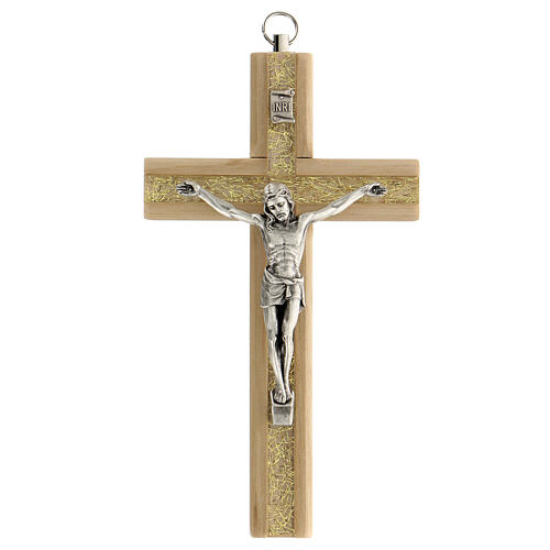 Wood crucifix with plexiglass insert, metallic body of Christ, 15 cm 1