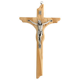 Irregular olivewood crucifix with metallic body of Christ 30 cm