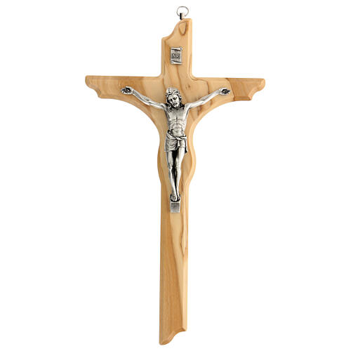 Irregular olivewood crucifix with metallic body of Christ 30 cm 1