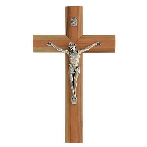 Kruzifix aus Nussbaumholz mit Einsätzen aus Birnbaumholz mit Christuskőrper aus Metall, 20 cm 1