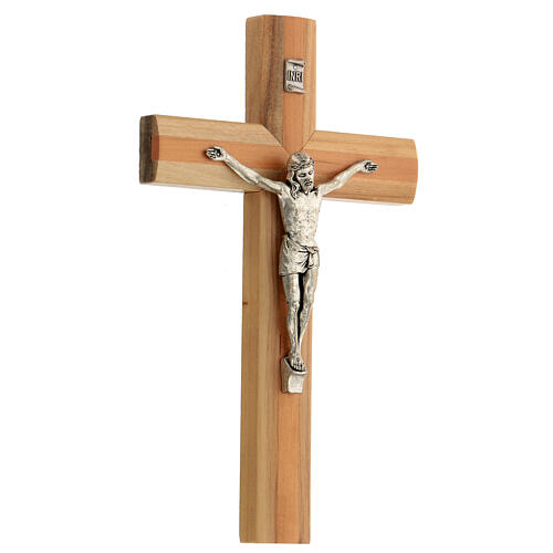 Kruzifix aus Nussbaumholz mit Einsätzen aus Birnbaumholz mit Christuskőrper aus Metall, 20 cm 2