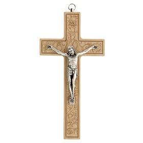 Decorated wood cross, metallic body of Christ, 20 cm