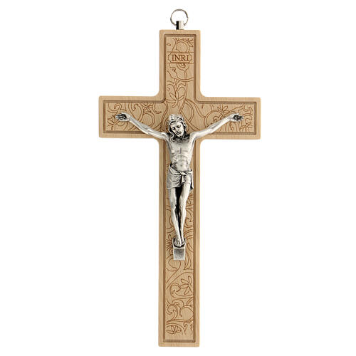 Decorated wood cross, metallic body of Christ, 20 cm 1