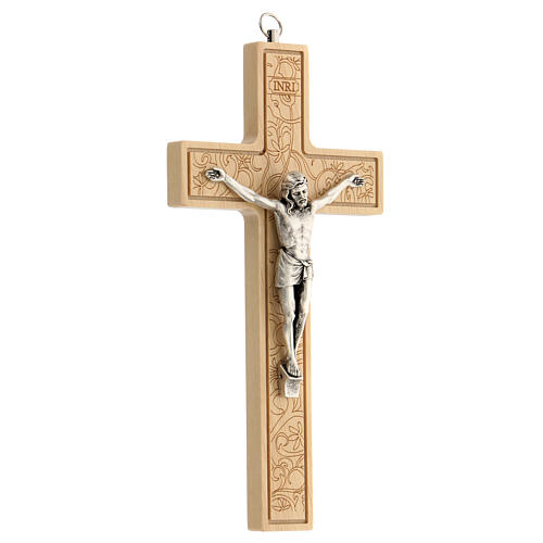 Decorated wood cross, metallic body of Christ, 20 cm 2