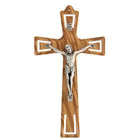 Kruzifix aus geformtem Olivenbaumholz mit Christuskőrper aus Metall, 20 cm