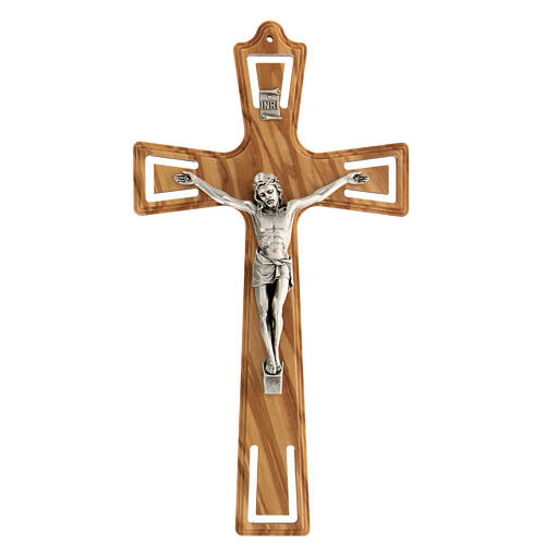 Kruzifix aus geformtem Olivenbaumholz mit Christuskőrper aus Metall, 20 cm 1