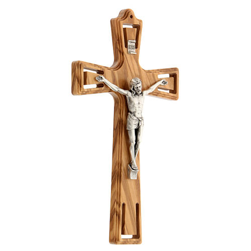 Kruzifix aus geformtem Olivenbaumholz mit Christuskőrper aus Metall, 20 cm 2