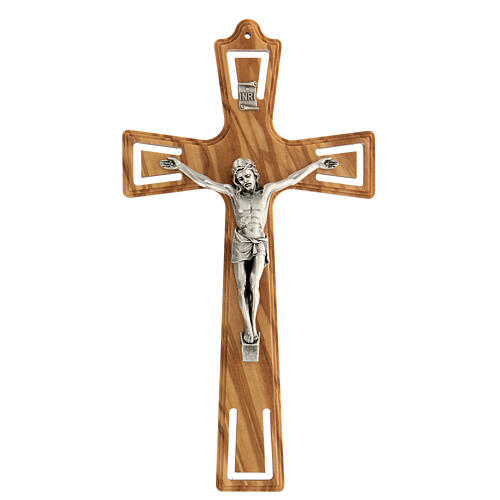 Cut-out bell-mouthed crucifix, olivewood and metal, 20 cm 1