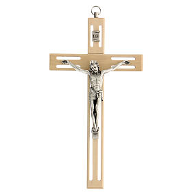 Kruzifix aus gelochtem Holz mit Christuskőrper aus Metall, 20 cm