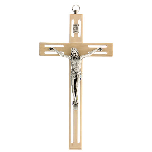 Kruzifix aus gelochtem Holz mit Christuskőrper aus Metall, 20 cm 1