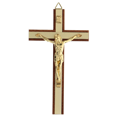 Kruzifix aus Mahagoniholz mit Einsätzen und Christuskőrper aus goldfarbigem Metall, 15 cm 1