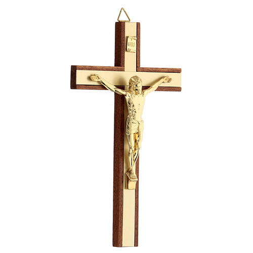 Kruzifix aus Mahagoniholz mit Einsätzen und Christuskőrper aus goldfarbigem Metall, 15 cm 2