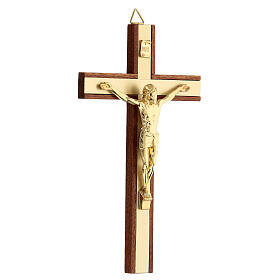 Crucifixo em madeira de mogno com inserções e corpo de Cristo em metal dourado de 15 cm 