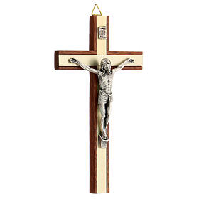 Crocifisso legno mogano inserti corpo Cristo metallo argentato 15 cm