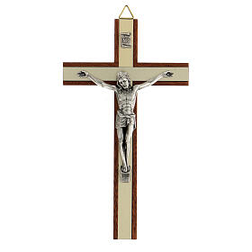 Crucifixo em madeira de mogno com inserções e corpo de Cristo em metal prateado 15 cm