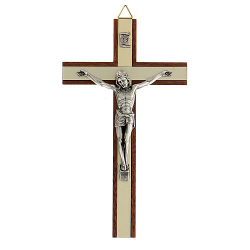 Crucifixo em madeira de mogno com inserções e corpo de Cristo em metal prateado 15 cm 1