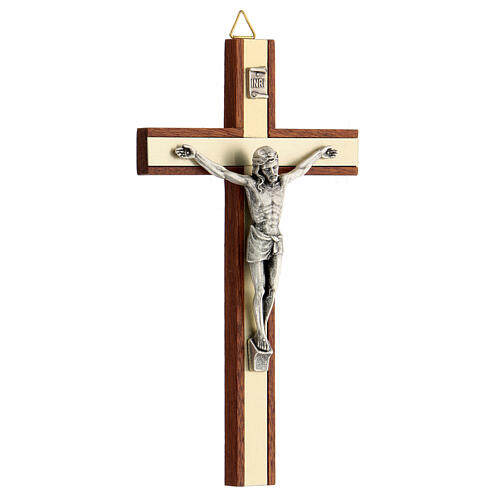 Crucifixo em madeira de mogno com inserções e corpo de Cristo em metal prateado 15 cm 2