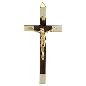 Walnut wood cross with golden body of Christ 13 cm