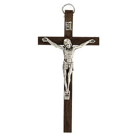 Cross of walnut wood, metallic body of Christ, 11 cm