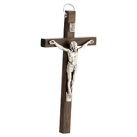 Cross of walnut wood, metallic body of Christ, 11 cm