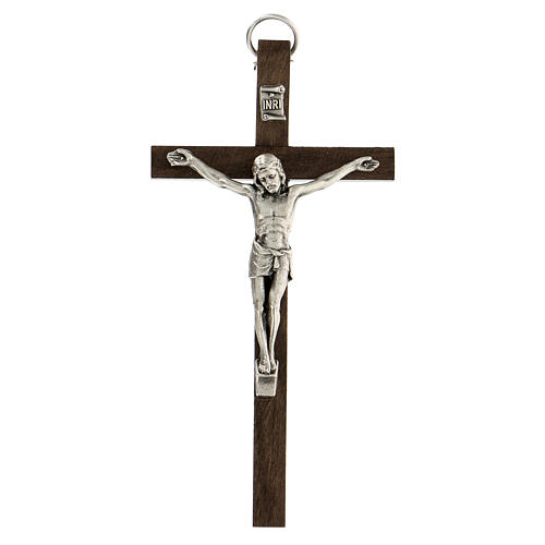 Cross of walnut wood, metallic body of Christ, 11 cm 1