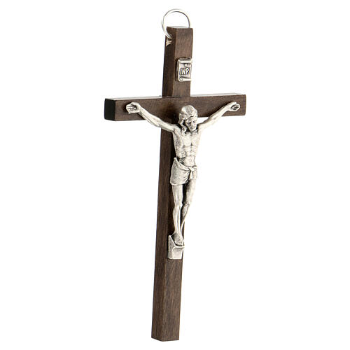Cross of walnut wood, metallic body of Christ, 11 cm 2