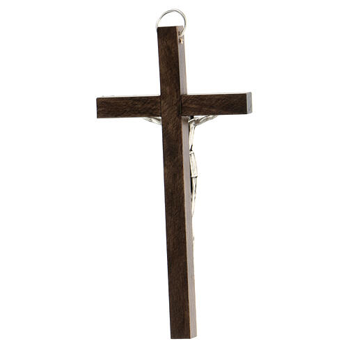 Cross of walnut wood, metallic body of Christ, 11 cm 3