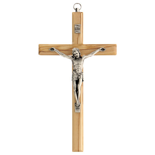 Olivewood crucifix, 20 cm, metallic body of Christ 1
