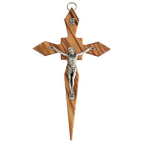 Olivewood crucifix with pointy arms, metallic body of Christ, 19 cm