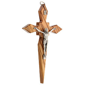 Olivewood crucifix with pointy arms, metallic body of Christ, 19 cm