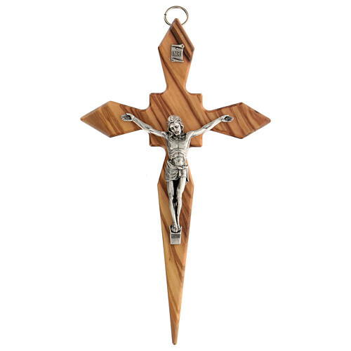 Olivewood crucifix with pointy arms, metallic body of Christ, 19 cm 1