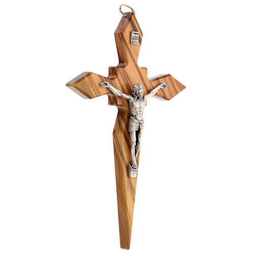 Olivewood crucifix with pointy arms, metallic body of Christ, 19 cm 2
