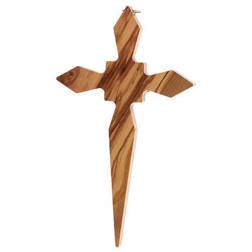 Olivewood crucifix with pointy arms, metallic body of Christ, 19 cm 3